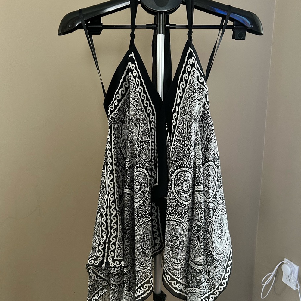 BCBGMaxAzria Black and White Asymmetrical Tie Front Tank Top